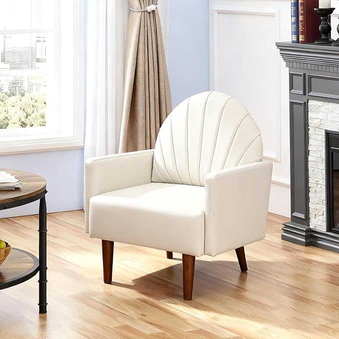 Mid-Century Accent Chair Faux Leather Armchair - Shell-Shaped Back Waterproof PU Leather Modern Retro Lounge Chair for Living Room Office Bedroom &amp Waiting Room