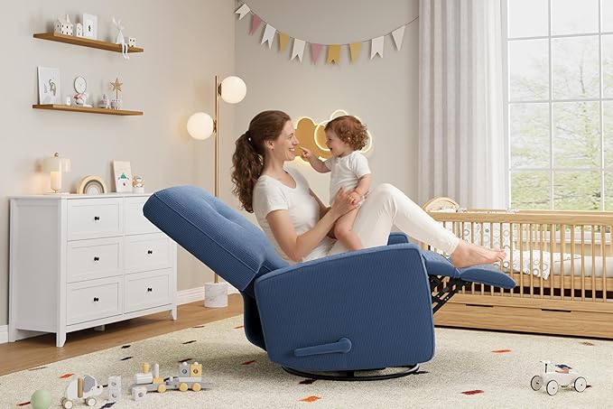 Recliner Chair 360° Swivel Rocking Glider Chair for Adults with Adjustable Backrest &amp Footrest Cozy Corduroy Upholstered Armchair for Living Rooms Bedrooms Blue