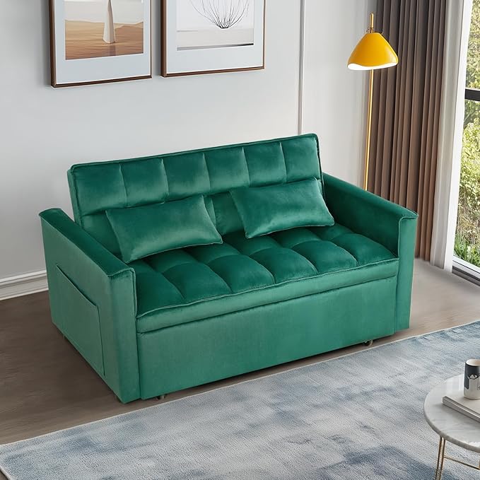 Sleeper Sofa Couch with Pullout Bed 54'' Velvet Futon Loveseat Sofa 3-in-1 Convertible Love Seat Couch for Living Room Apartment Chair Bed Sleeper for Adults (Green)
