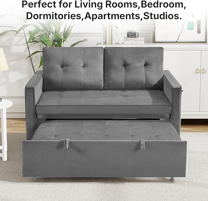 Rovibek 3-in-1 Velvet Sleeper Sofa Bed Convertible Pull Out Couch for Living Room with Adjustable Backrest Side Pockets Velvet Fabric Loveseat Sofa for Apartment Grey
