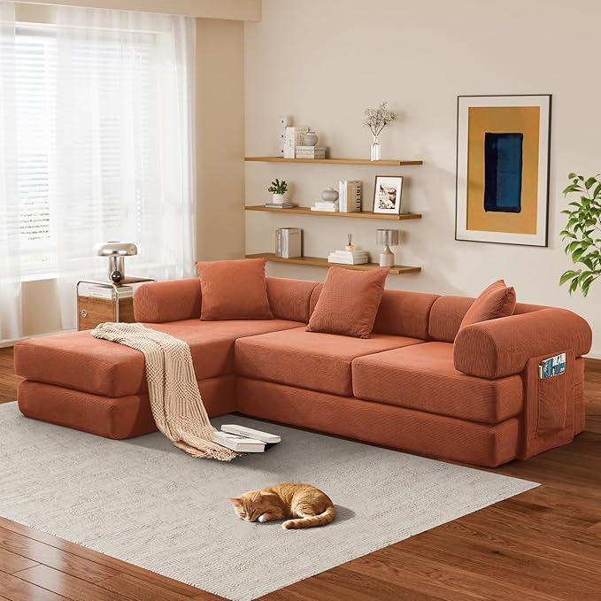 L Shaped Convertible Modular Sofa Bed with Cylindrical Pillow &amp Reversible Chaise Corduroy Folding Floor Sofa Couch Bed with Fixed-Shape Frame &amp Storage Pocket for Living Room Orange
