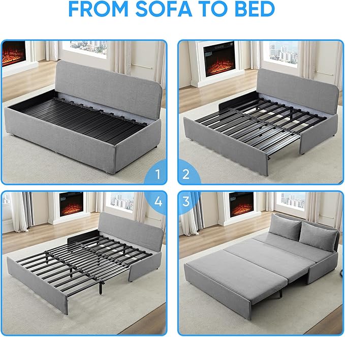 PUREMIND Queen Size Pull Out Sleeper Sofa Bed Linen Convertible Sofa Bed with Foldable Mattress Loveseat Couch Pull Out Bed with 2 Cushions for Small Place Apartment Office Light Grey
