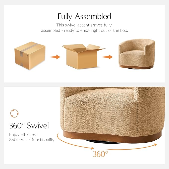 HULALA HOME Chenille Swivel Accent Chairs Set of 2 Fully Assembled Comfy Upholstery Barrel Armchair with Sturdy Solid Wood Base Camel