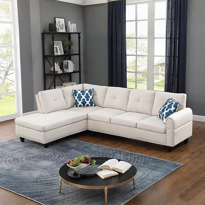 Ball &amp Cast 98 L Shaped Sectional Couch with Chaise Linen Upholstered Modular Sectional Sofa with Pillows and Cup Holders5 Seater Comfy SofaNailhead Trim Designfor Living RoomApartmentBeige