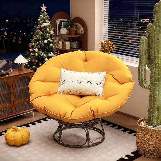 46'' Large Size Papasan Chair (Non-Swivel) with Cushion and Frame Overstuffed Thickened Lazy Chair Mustard Yellow