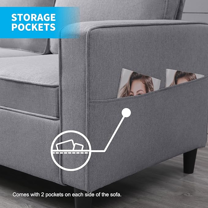 PUREMIND 2 Piece Living Room Sofa Set Modern L Shaped Sectional Sofa and Chair Sets Linen 3 Seater Couch with Storage Ottoman + Single Chair Furniture Couch Sets for Living Room Apartment