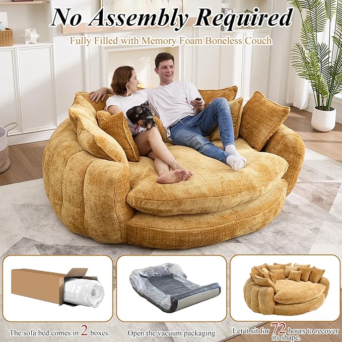 81'' Cloud Couches for Living Room Comfy Circle Round Couch Bed with 14 Pillows Upholstered Boneless Couch Oversized Chaise Lounge Chair Indoor Extra Wide Round Daybed Floor Sofa (Yellow)