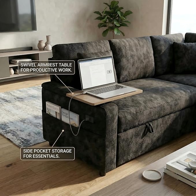 81 Modular Sectional Sofa L Shaped 5-Seater Sleeper Sofa with Pull Out Bed Hidden Storage Cup Holders &amp USB Charging Ports Sectional Couches for Living Room Chenille Black