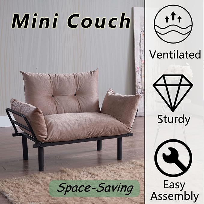 49 Mini Couch with Mattress Included Small Loveseat Sofa Chair for Small Space Oversized Accent Chair and a Half Metal Frame (Beige)