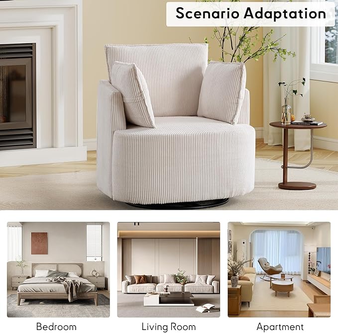 Bonzy Home 360° Swivel Accent Chair Comfy Corduroy Swivel Barrel Chair with 2 Soft Pillows Single Sofa for Living Room Bedroom Beige