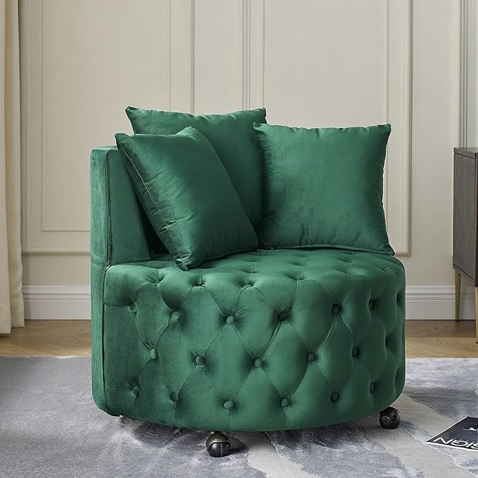 GNIXUU Swivel Barrel Accent Chair 30” Modern Velvet Round Swivel Chair with 3 Pillows and Wheels Comfy Tufted Single Club Sofa Lounge Chair for Living Room Bedroom(Green).