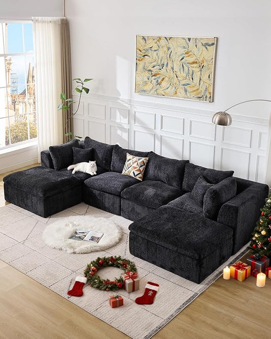 TYBOATLE 146’’ Black Boneless Couch for Living Room U Shaped Cloud Sectional Sofa w/Ottoman Comfy Boneless Modular Couch w/Memory Foam
