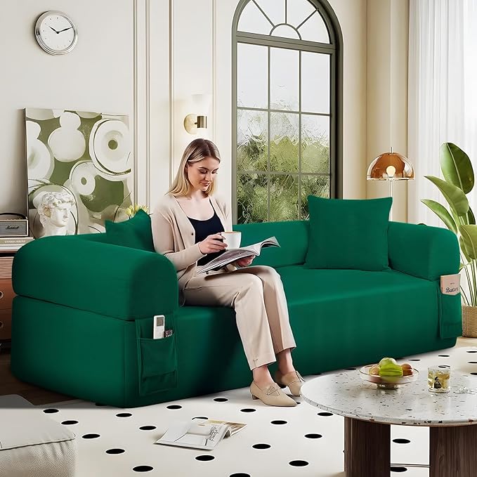 83 Boneless Couch 3 Seater Sofa with 2 Matching Pillows Compact Corduroy Couches for Living Room Side Storage Pockets Floor Sofa with Removable Armrests No Assembly Required Green