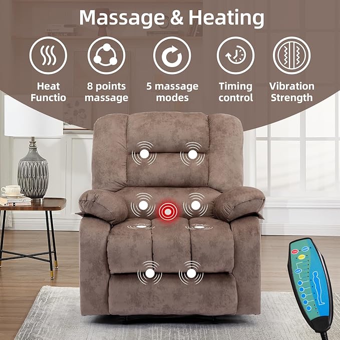 EBELLO Massage Recliner Chair with Vibration Massage and Heat Soft Fabric Overstuffed Manual Reclining Sofa Chair for Living Room with Side Pocket Light Brown