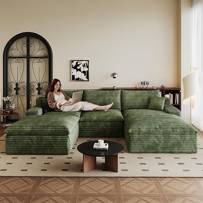 107 Cloud Sectional Couch U-Shaped Chaise with Ottoman Corduroy Boneless Couch for Living Room Bedroom Deep-Seat Upholstered Modular Cloud Sofa No Assembly Required (Green Right Facing Chaise)