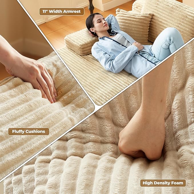 Oversized Chaise Lounge Sofa Indoor - 80 Cloud Sectional Couch Sofa BedLuxury Deep Seat Plush Corduroy Lounge Chair Sleeper Sofa for Living Room Bedroom (Beige2PCS)