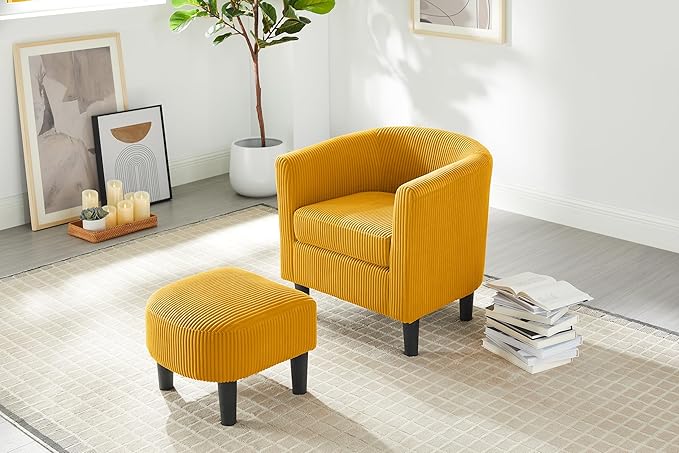 Modern Accent ChairUpholstered Arm Chair Corduroy Single Sofa Chair with Ottoman Foot Rest Comfy Armchair for Living Room Bedroom and OfficeYellow SZ170