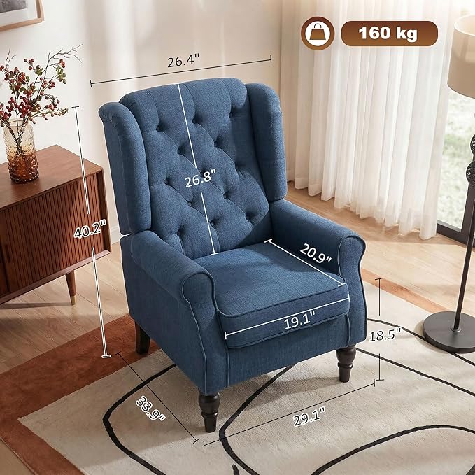 HOMCOM Mid-Century Modern Accent Chair High Wingback Reading Chair Button-Tufted Upholstered Fabric Armchair with Retro Wood Legs for Apartment Living Room Bedroom Blue