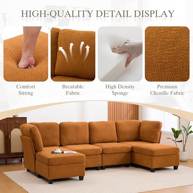 113.39 Modular Sectional Sofa 6 Seaters Sectional Sleeper Sofa U Shaped Couch Comfy Convertible Couches with Ottomans Oversized Modular Sofa with Large Storage for Living Room (Orange)