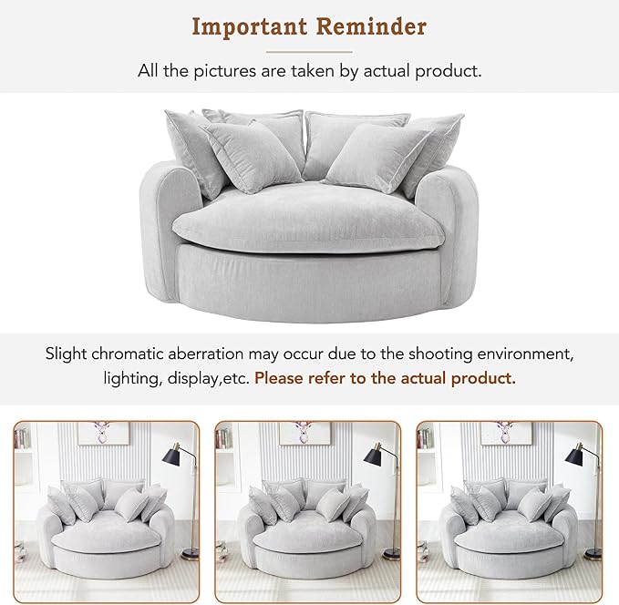 Merax 59.8 Full-Compressed Round Chaise Sofa Boneless Loaf Style Chenille Upholstered Sofa Bed with 8 Throw Pillows for Living Room Light Grey