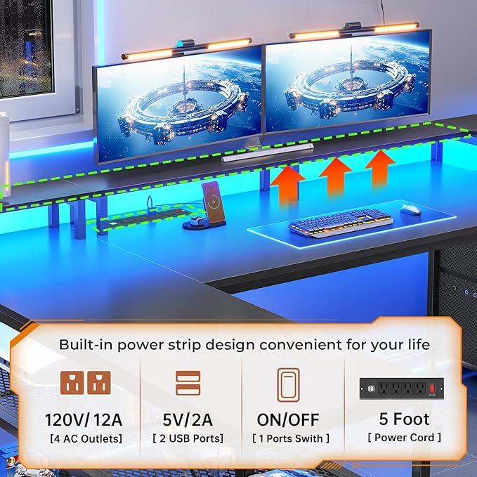 SEDETA 67 L Shaped Desk with Drawers Computer Office Desk with Storage Shelves &amp Power Outlet Reversible Gaming Desks with LED Lights for Home Office Black