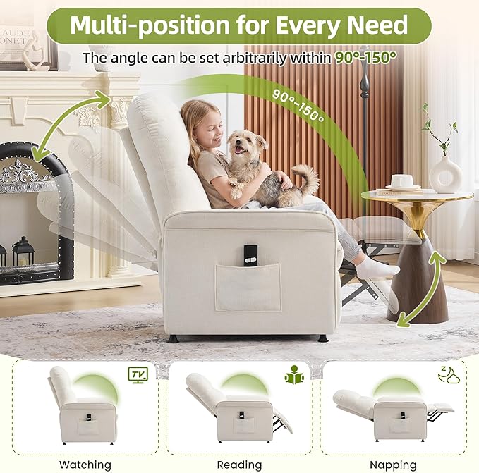 Power Recliner Chair with Remote Control 21 Wide Seat Small Recliners with Side Pocket for Adults Thick Cushions Chair for Living Room &amp Bedroom Beige