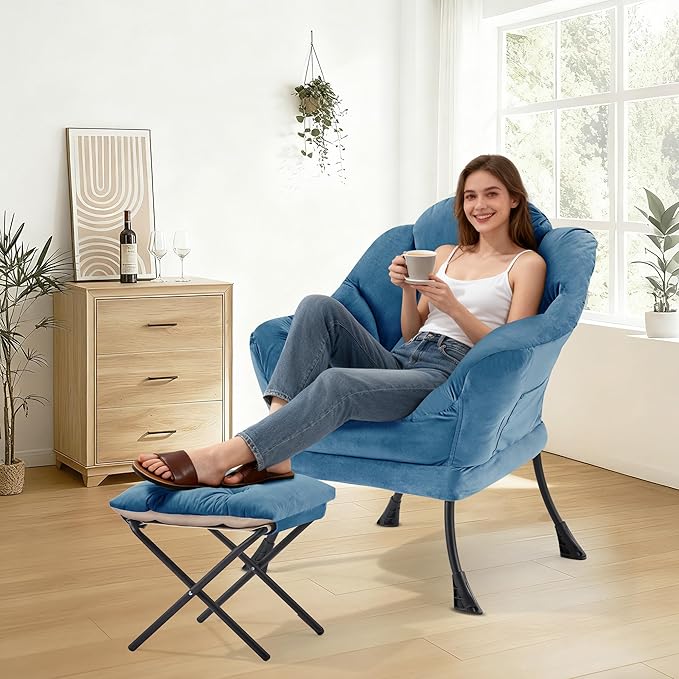 Lazy Chair with OttomanOversized Accent Chair with Thick Cushion Side PocketModern Lounge Arm Reading Chair and Folding Footrest for Living RoomBedroomOfficeDormApartment Blue