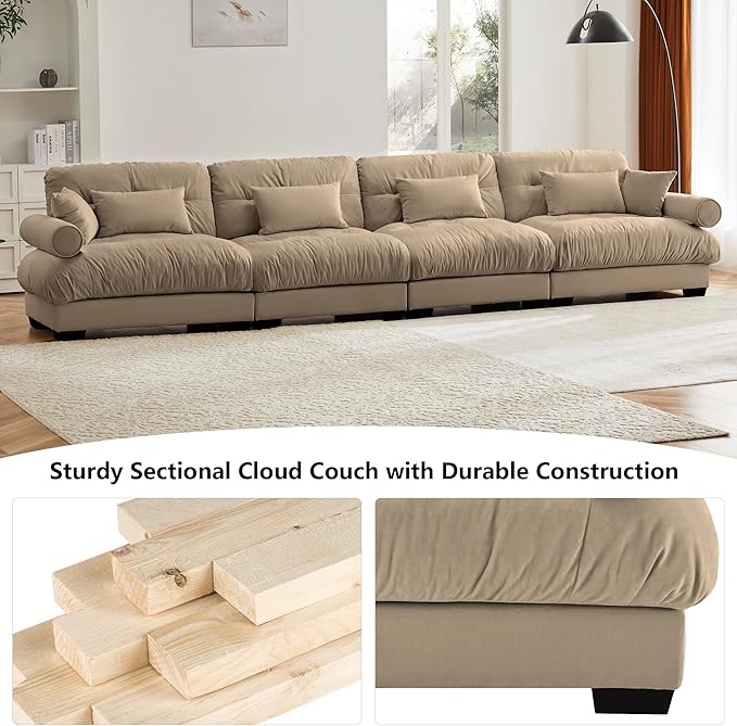 Aoowow Oversized 4 Seater Cloud Sofa Couch for Living RoomFluffy Velvet 4 Seat Cloud Couches with Deep SeatLarge Modular Sectional Sleeper Sofas with PillowsTufted(Velvet Camel 4 Seater)