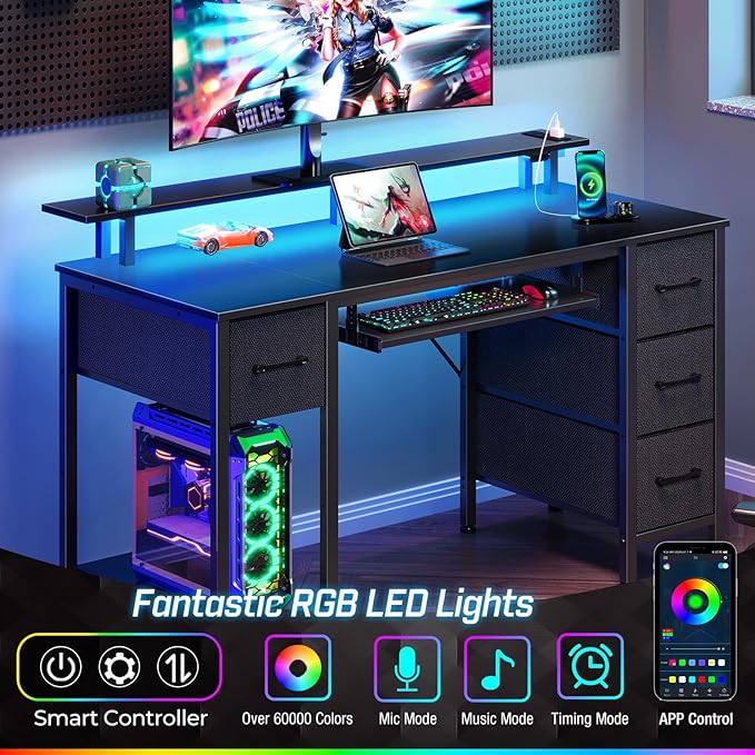 Seventable Computer Desk 55.1 with LED Lights &amp Power Outlets Home Office Desk with 4 Drawers Writing Desk with Keyboard Tray Study De sk with Monitor Stand Work for Home Office Black