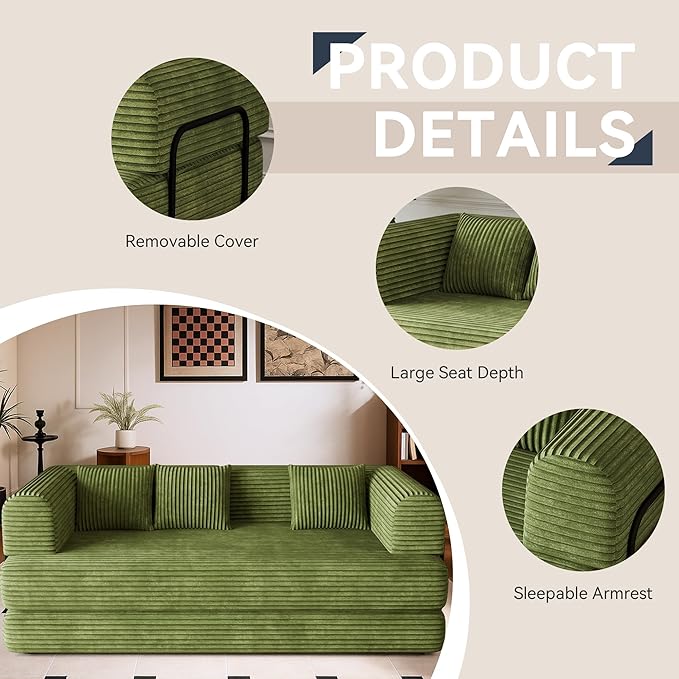 WENTMENT 80‘’Convertible Floor Sofa Bed for Living Room Boneless Couch with Deep Seat Corduroy Pull Out Sofa Bed with 3 Pillows Bedroom Apartment No AssemblyGreen (Green)