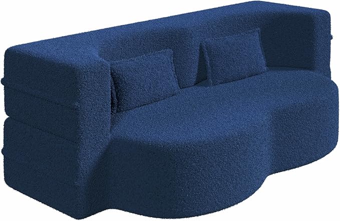 2 in 1 Folding Floor Couch Sofa Bed with 2 Pillows Teddy Fabric Foam-Filled Convertible Sleeper Sofa Full Mattress for Living Room Guestroom No AssemblyBlue Required Sofa Bed