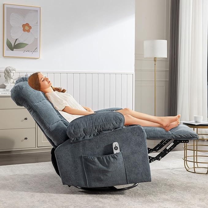 360 Swivel Massage Boy Recliner Chair with 2 Cup Holders Heated &amp Massage Function Adjustable Backrest USB Port &amp 2 Side Pockets for Adults (Blue)