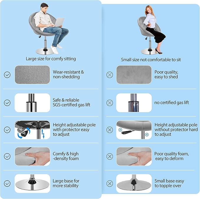 Yaheetech Adjustable Vanity Chair with Round Tufted Back Swivel Velvet Salon Chair for Bedroom Living Room Office Gray