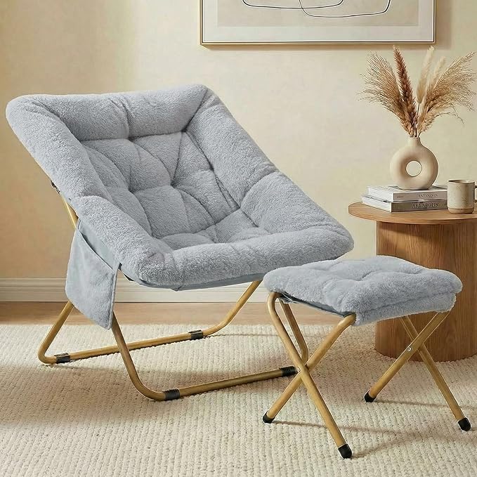 Folding Saucer Chair Comfy Reading Chair with Ottoman Plush Faux Fur Lounge Chair for Small Space Bedroom Dorm Living Room X-Large Lazy Chair for Adults Teens Kids