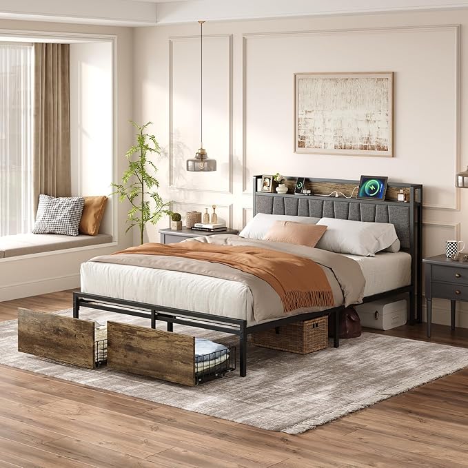Queen Bed Frame with Storage Drawers and Charging Station Upholstered Headboard Metal Platform Bed with USB Ports No Box Spring Needed Easy Assembly Dark Brown
