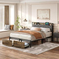 Queen Bed Frame with Storage Drawers and Charging Station Upholstered Headboard Metal Platform Bed with USB Ports No Box Spring Needed Easy Assembly Dark Brown