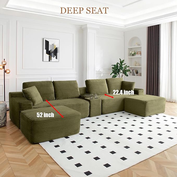 125 Oversized U-Shaped Cloud Sectional Couch 6-Seater Modular Sectional Sofa with USB Ports/Storge Console/Cup Holder Modern Deep Seat Corduroy Boneless Couch for Living Room No AssemblyGreen