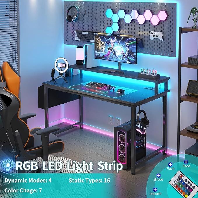 Lufeiya Black Gaming Desk with LED Lights and Power Outlets 40 Inch Teen Writing Study Table Home Office Desks with Monitor Stand Computer Desk with Charging Station USB Port Black