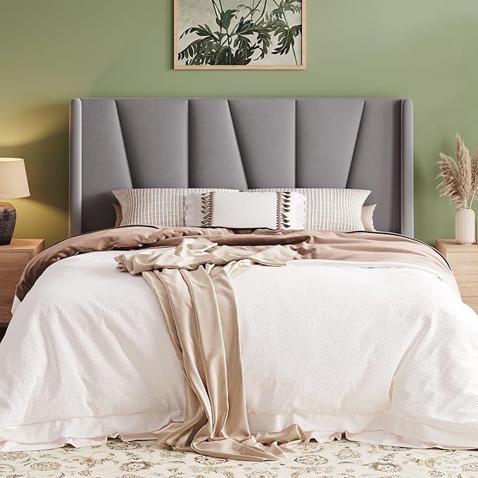 Allewie Queen Size Platform Velvet Bed Frame with Geometric Wingback Headboard Boho Upholstered Bed with Wooden Slats Support No Box Spring Needed Easy Assembly Light Grey