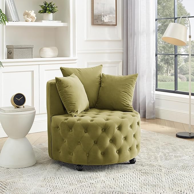 Velvet Upholstered Swivel Chair for Living Room with Button Tufted Design and Movable Wheels Including 3 Pillows Khaki Green
