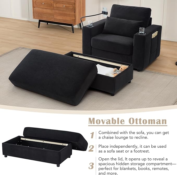42.5 Oversized Armchair with Ottoman Storage Overstuffed Chair and a Half with Cup Holders &amp USB Port Chenille Accent Chairs for Bedroom Living Room Reading Phone Holder Side Pocket (Black)