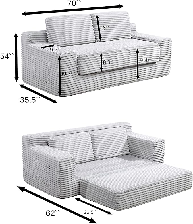 Loveseat Cloud Boneless Couch Upholstered Floor Sofa with Armrests 2-in-1 Convertible Corduroy Couch Bed for Living Room Apartment Grey