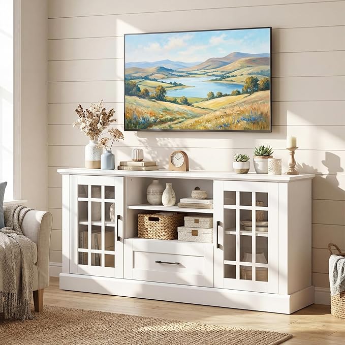 Giantex Farmhouse TV Stand for 65/70 Inch TV Tall Entertainment Center with Storage Cabinets Glass Doors Drawer Removable Shelves Media TV Console Table for Living Room Bedroom (White)
