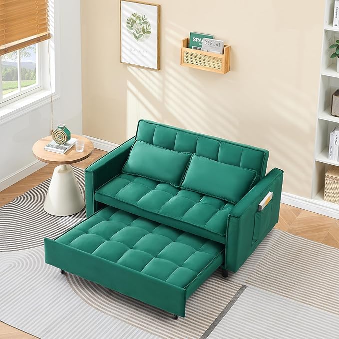 55 Modern Velvet Loveseat Sleeper Sofa 3-in-1 Convertible Pull-Out Bed with Adjustable Backrest 2 Pillows &amp Side Pockets Small Pull Out Couch for Living Room Apartment(Green)