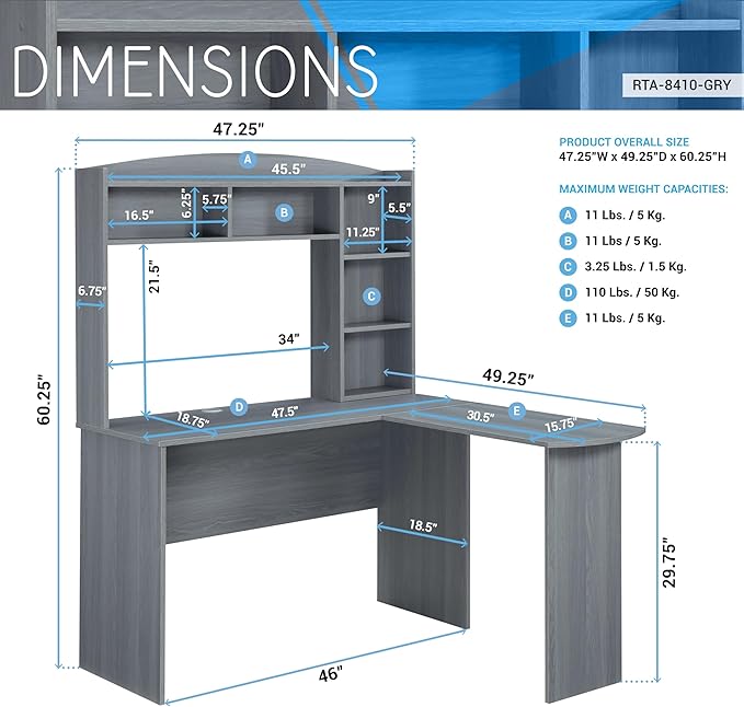 Techni Mobili Modern Hutch L-Shaped Computer Desk Grey