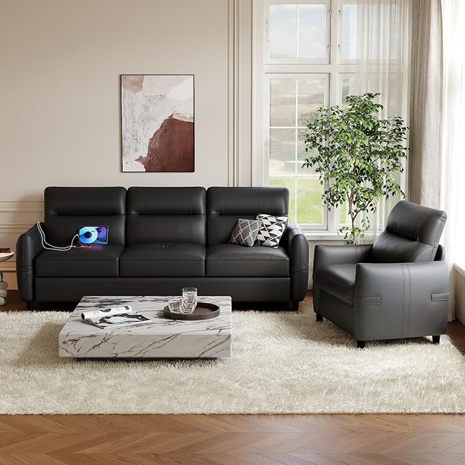 STHOUYN 85” Black Faux Leather Couch with USB 3 Seater Sofa for Living Room Large Mid Century Modern Office Couch for Apartment Bedroom