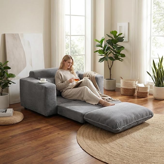 58 Pull Out Sofa Bed Convertible 2 in 1 Folding Loveseat Sofa Couch Corduroy Boneless Floor Sleeper Mattress Futon Deep Seat Wide Arm for Apartment Bedroom Living Room No Assembly 58-Grey