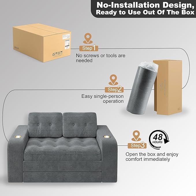 55 Futon Sofa Bed 4‑in‑1 Convertible Sofa Bed Folding Boneless Couches for Living Room Fold Out Small Foldable Loveseat Floor Sleeper Comfy Mattress Lounge Space‑Saving Grey
