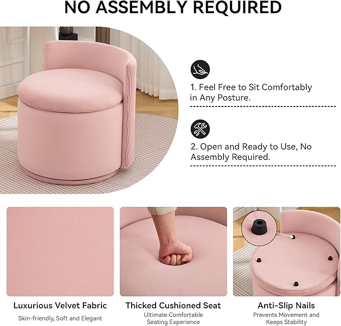 Large Velvet Vanity Chair with Storage 360° Swivel Makeup Chair with Wave Back No Assembly Small Accent Stool for Bedroom Dressing Living Room Pink
