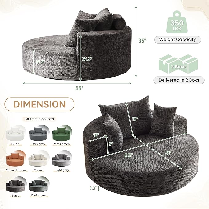 360° Oversized Swivel Chair Modern Circle Round Lounge Chair with Deep Seat Comfy Back Cushion &amp 2 Throw Pillows for Living Room Bedroom Office Black Chenille